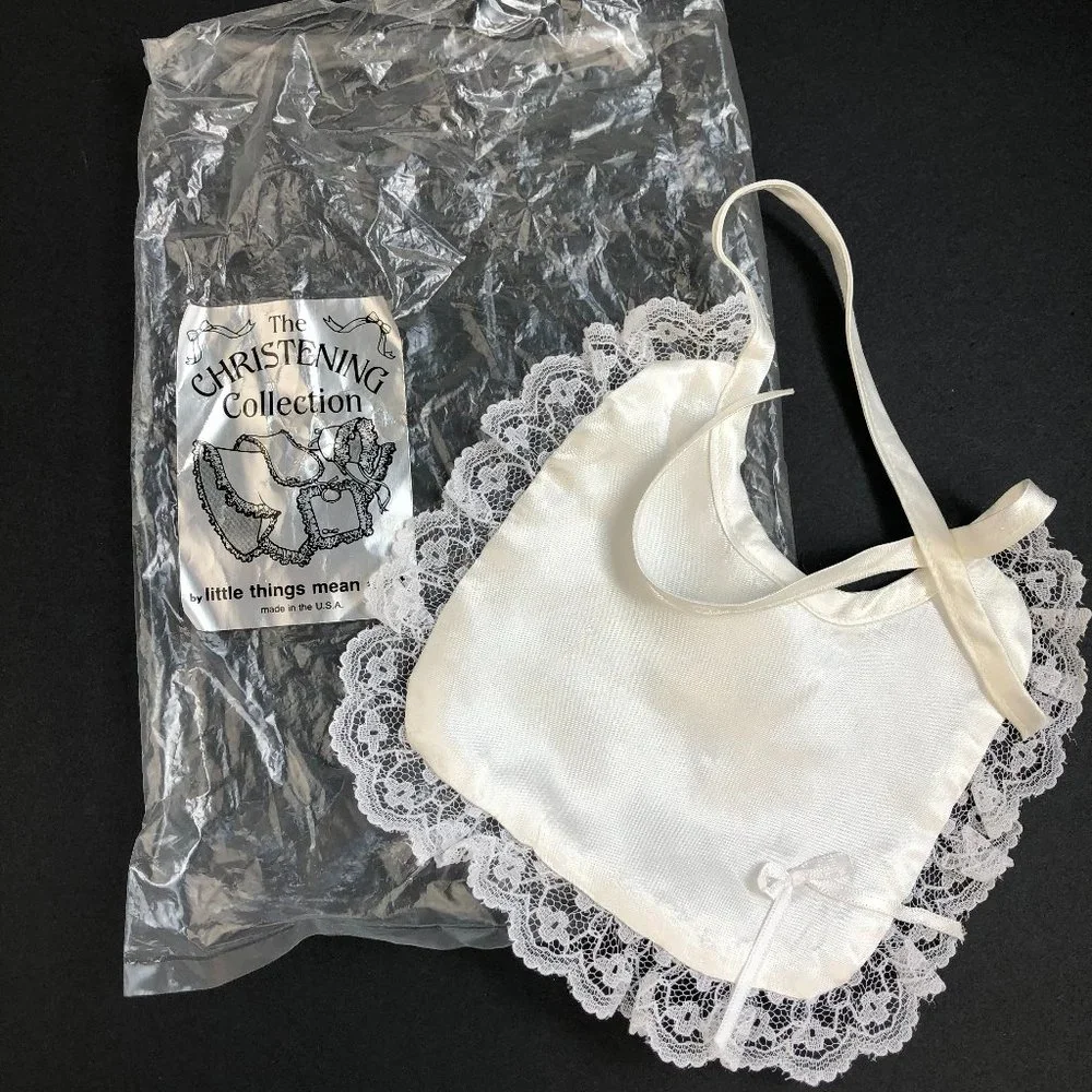 NEW - Vintage The Christening Collection White Satin Lace Trim Bib Old Money